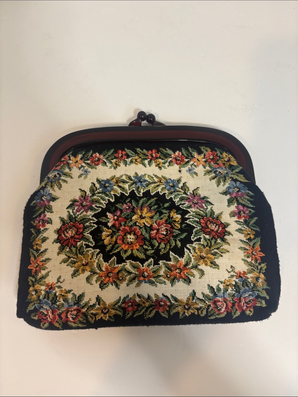 Vintage Style Handmade in Hong Kong Floral Tapestry Clutch Purse Black - Picture 2 of 8
